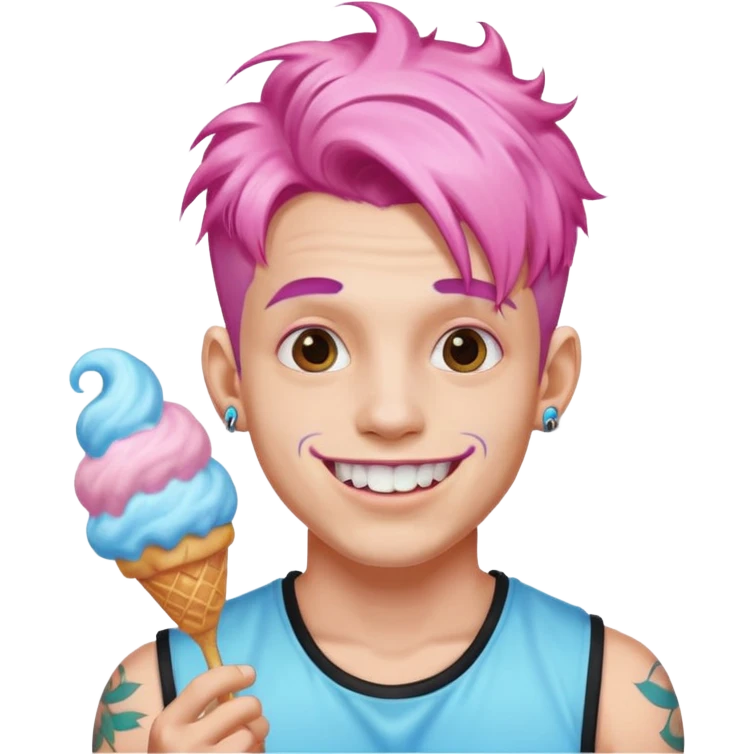 happy colorful haired man made out of cotton candy with braces and tattoos and just face not holding anything emoji