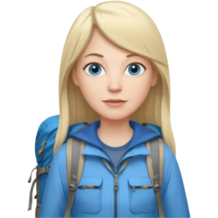 45 yr old white woman, pale skin, long straight blond hair parted in center, blue eyes, bangs, clothes for hike emoji