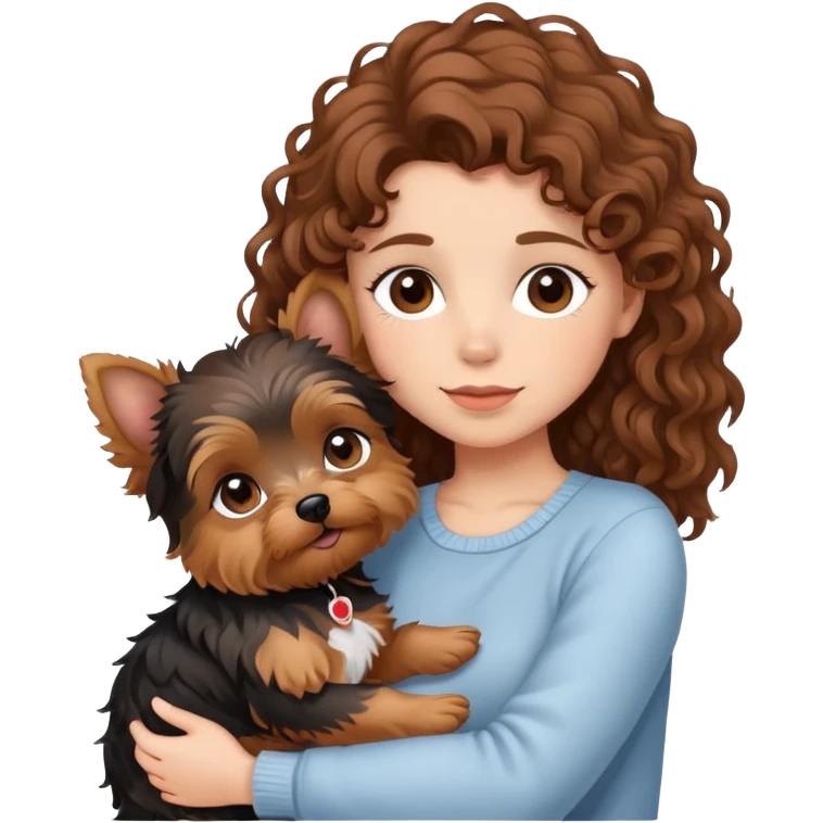 Girl with brown curly hair cuddling with a cute yorkie emoji