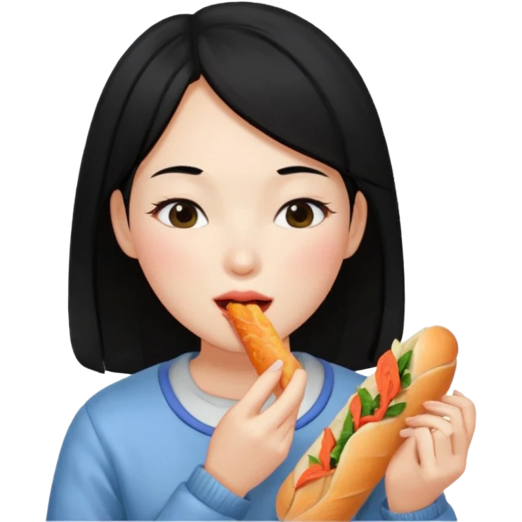 Girl black long hair eat kimchi close eyes baguette emoji