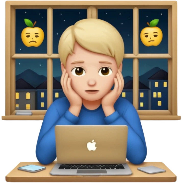 tired student with laptop, window at night behind, face in hands, apple style emoji emoji