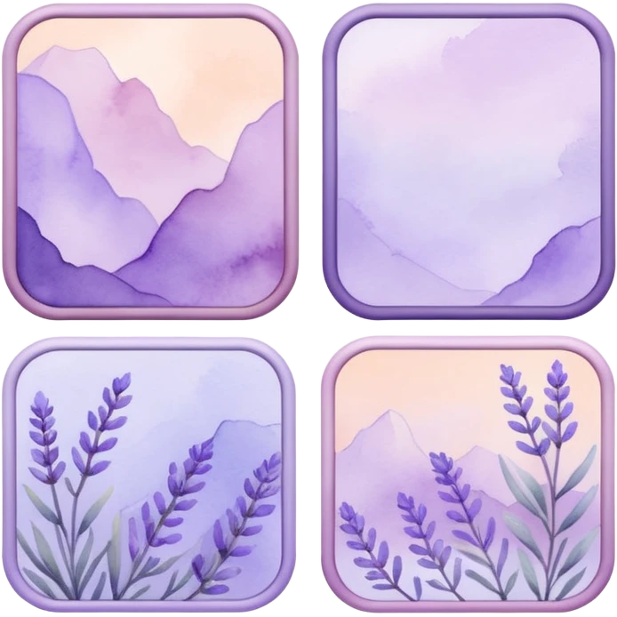 The art style is clean line art with delicate watercolor textures, pastel colors, and a dominant palette of lavender, soft lilac, and muted purple.  Delicate frames to border text emoji