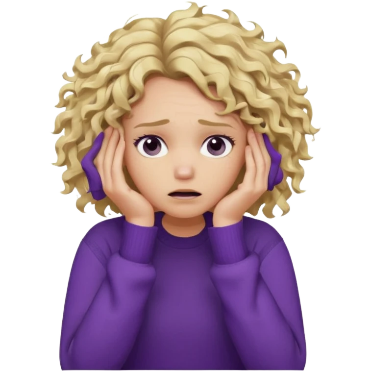 Emoji-style illustration of a frustrated young woman, messy curly tousled blonde hair, wearing a purple sweater, holding her face in her hands, expressing annoyance and disappointment, cartoonish, expressive, simple lines, flat colors, clear silhouette,  emoji