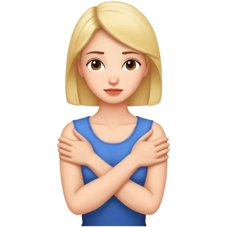 Woman with arms crossed holding her neck emoji