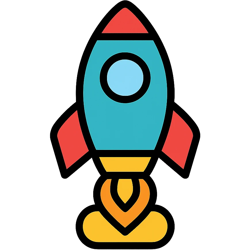 colorful rocket ship blasting off, outlined icon style, bold lines emoji