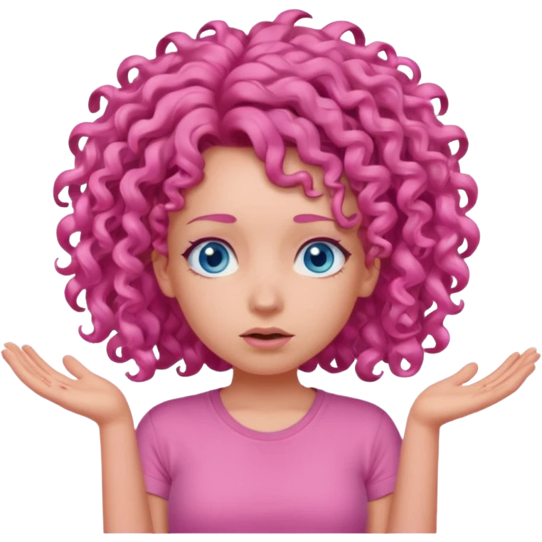 Girl in pink t shirt with pink curly hair and blue eyes shrugging  emoji