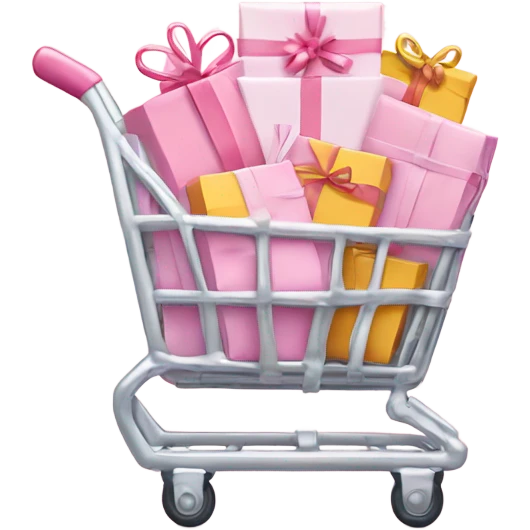 shopping cart wrapped in twinkle lights  full of light pink gift bags emoji