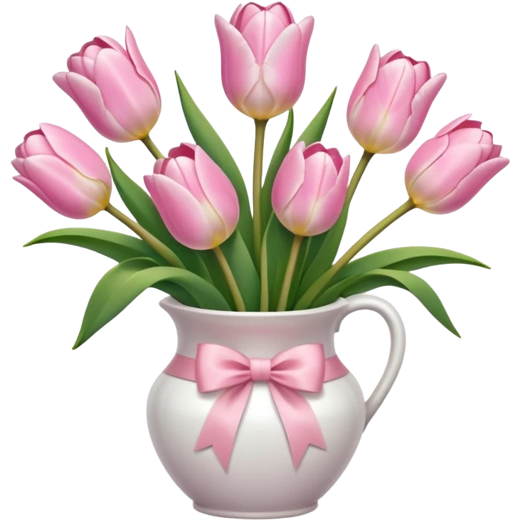 Light pink tulips in white vase in bow  emoji