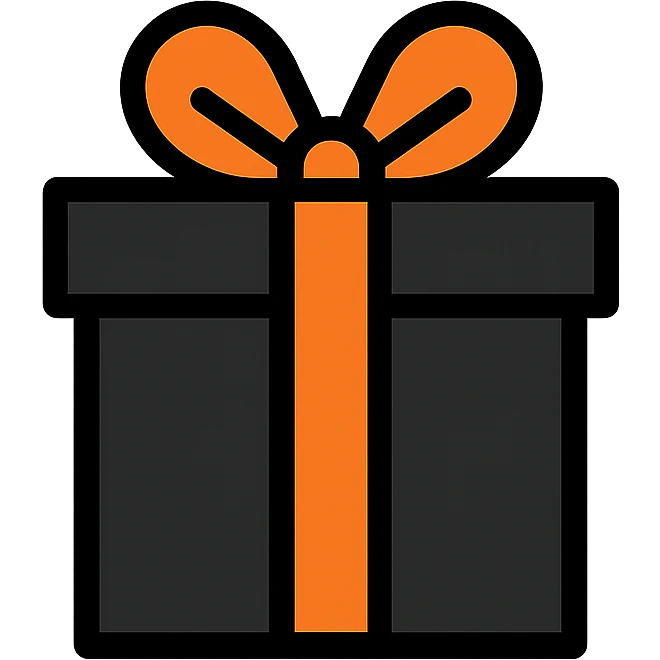 black square gift box, orange ribbon tied in a bow, flat design emoji