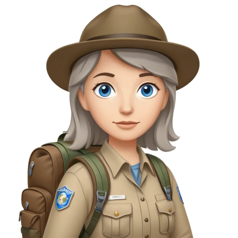 white woman park ranger with blue eyes, brown and gray hair, wearing a backpack, standing in a nature background emoji