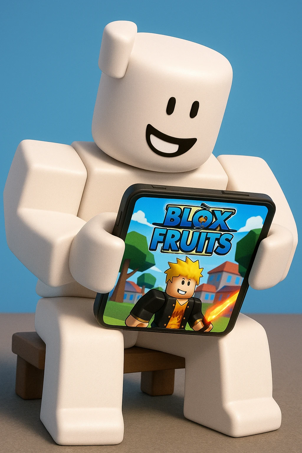 Cancer playing Blox Fruits on phone, Roblox style, white character emoji