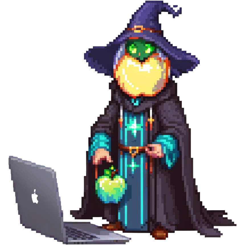 powerful wizard coding on an Apple laptop, glowing magical aura surrounding him, confident expression, looks like the ultimate boss of coding, wearing impressive dark robe emoji