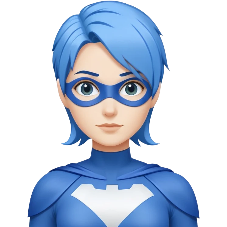 A close-up emoji of a friendly woman with blue hair (no eye mask) wearing a minimalist blue and white superhero costume. The costume has a large empty area on the chest for the logo, uses only blue and white colors, and has minimal details. emoji