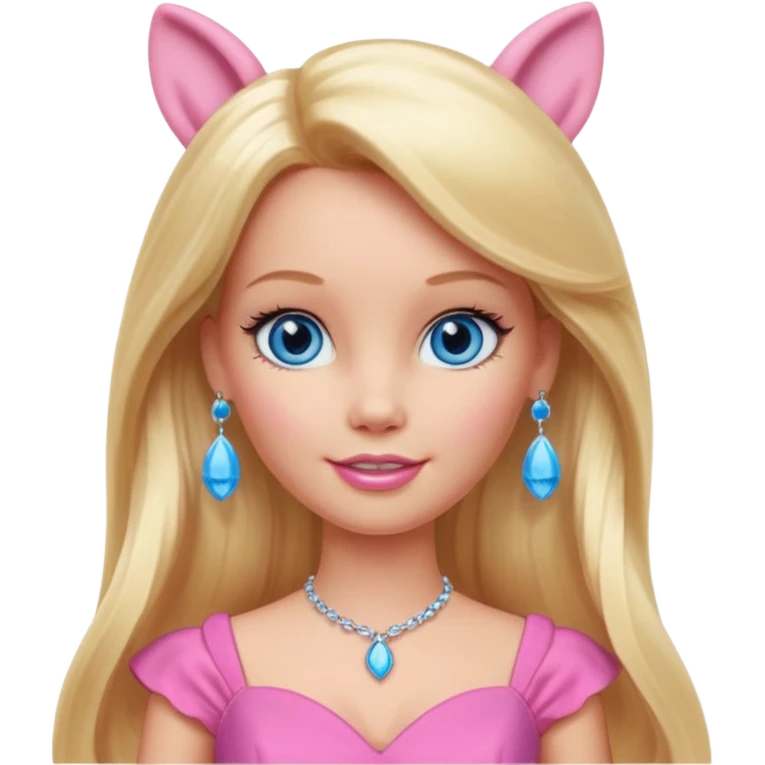 barbie, long blonde hair, pink dress, with blue eyes,different dress, big ear rings emoji