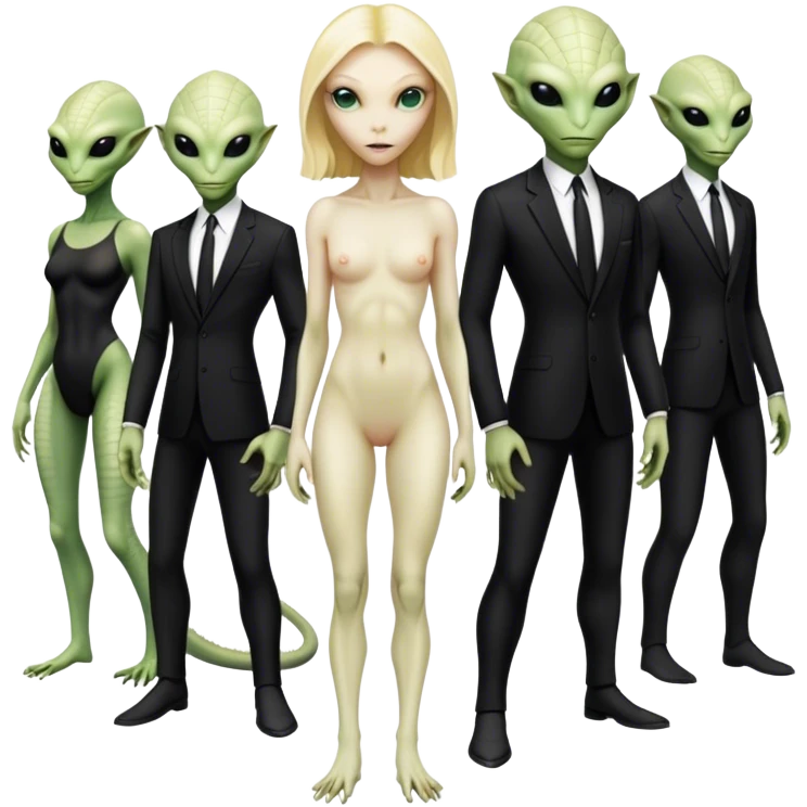 a blonde reptilian alien woman as men in black, full body, full figure emoji