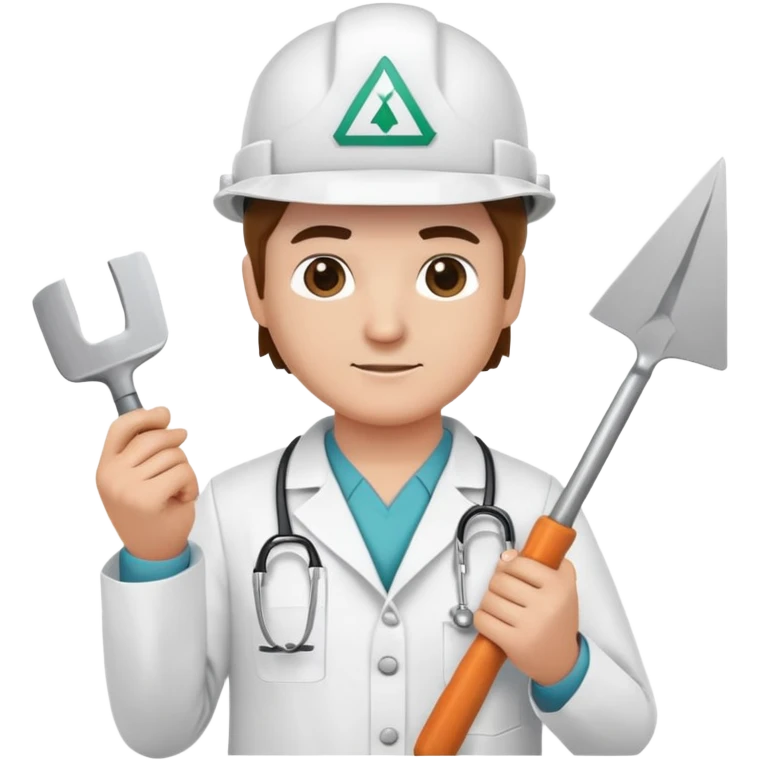 Brick mason wearing a hard hat but in a doctors gown emoji holding a triangle shaped trowel emoji