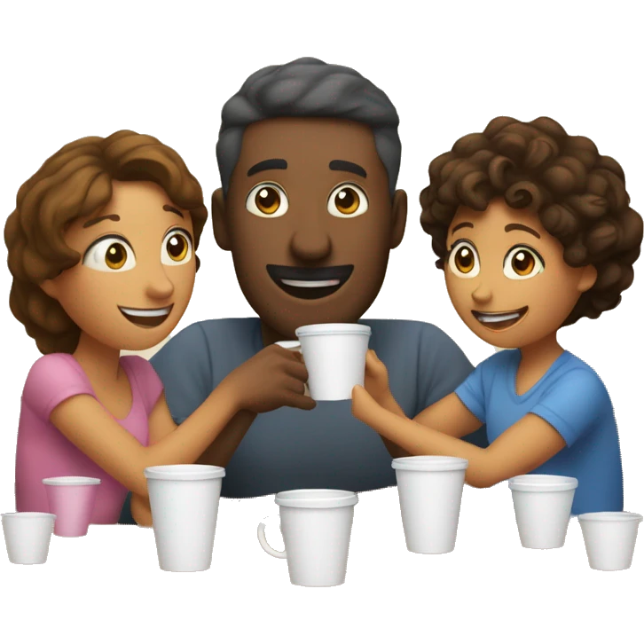 An emoji of a family—mother, father, and child—sitting at a table, playing a cup game with paper cups arranged on the table as they have fun together emoji