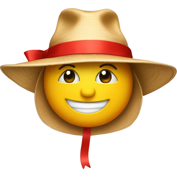 Smile emoji wearing a tan sun hat with red ribbon emoji