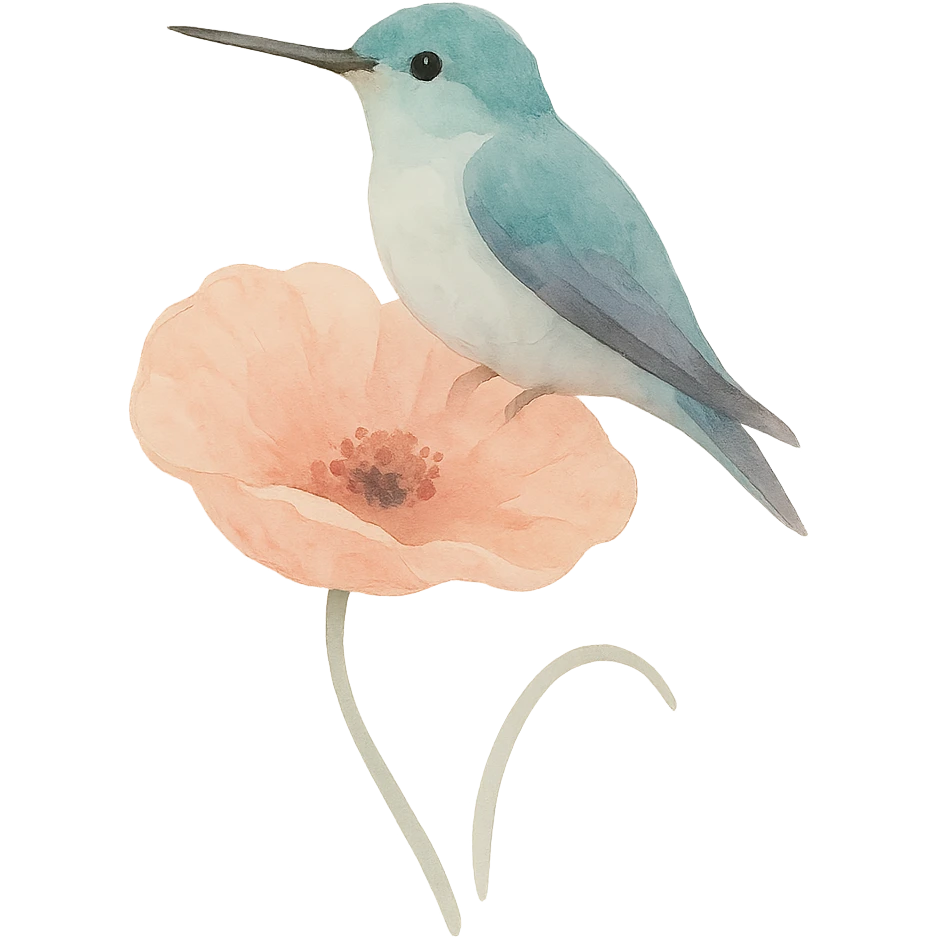 A watercolor style illustration of a hummingbird sitting on a poppy flower, with delicate colors and an artistic impression, no background. emoji