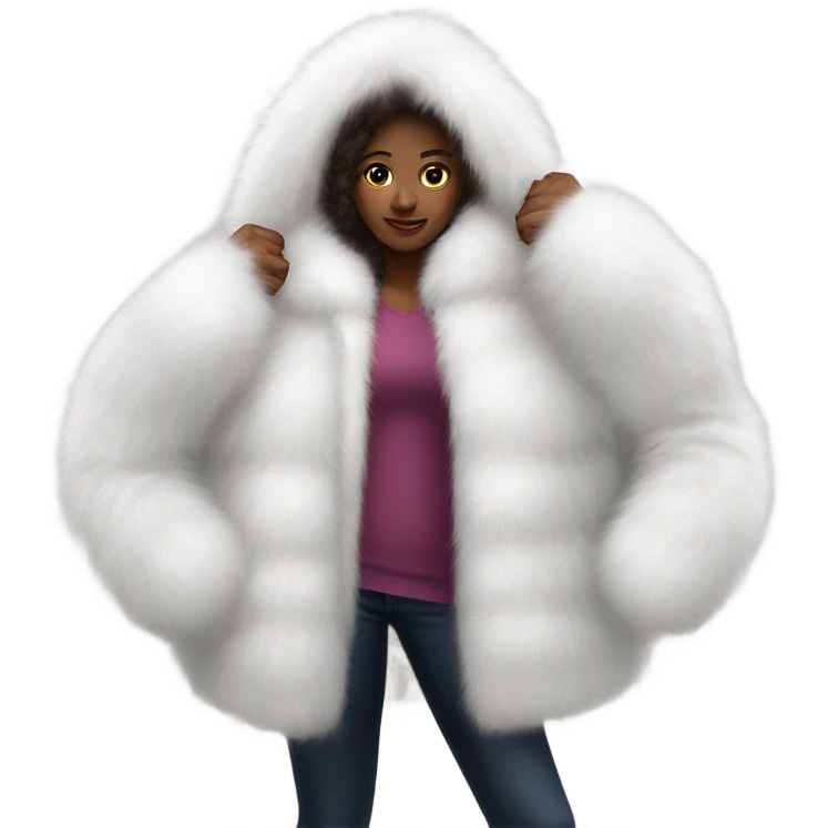 Girl in a extremely big fluffy oversized white fur coat with hood on. The fur is real and it’s very obvious big and fluffy  emoji