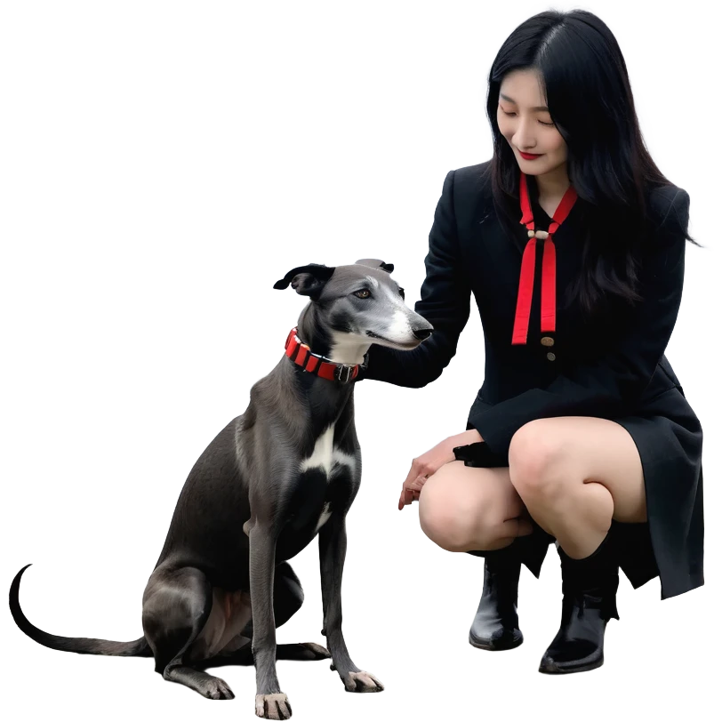 A very beautiful and attractive 25-year-old Japanese woman with long flowing black hair gently petting a PURE SOLID DARK GREY whippet wearing only a bright RED COLLAR on a beach at night under a starry sky. The whippet MUST be 100% SOLID DARK GREY with ABSOLUTELY NO WHITE MARKINGS ANYWHERE - specifically NO WHITE on face, NO WHITE on chest, NO WHITE on paws, NO WHITE anywhere - ENTIRELY ONE CONSISTENT SOLID DARK GREY COLOR throughout the entire dog from nose to tail tip. Only exception is the bright red collar. Deep blue night sky filled with bright stars, moonlight reflecting on the ocean, sandy beach in the foreground. emoji