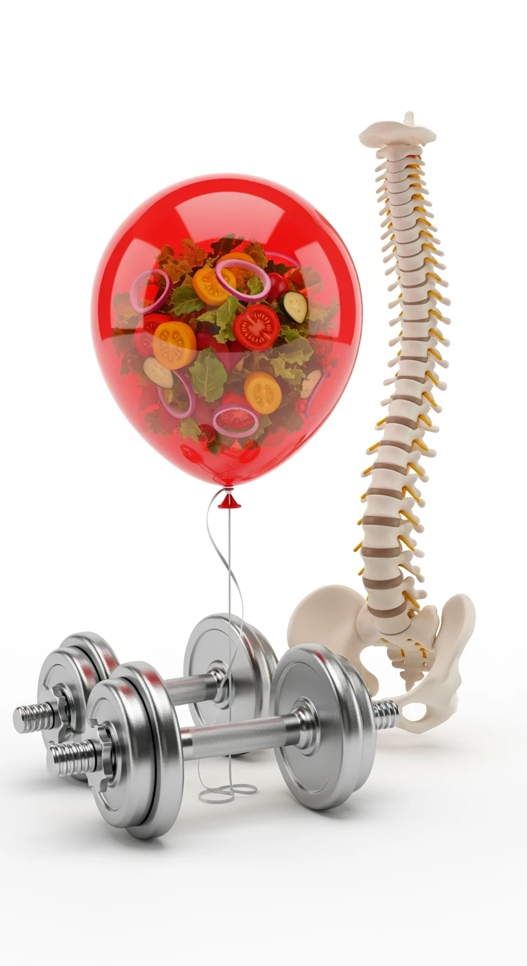 palloncino rosso con all'interno insalata, manubri da palestra e una spina dorsale anatomica realistica in 3d, isolato su sfondo bianco emoji
