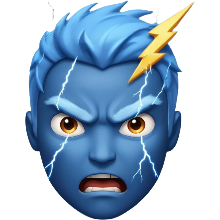 Rayos, centellas y estrellas en una cara color azul con expresiones de furia emoji