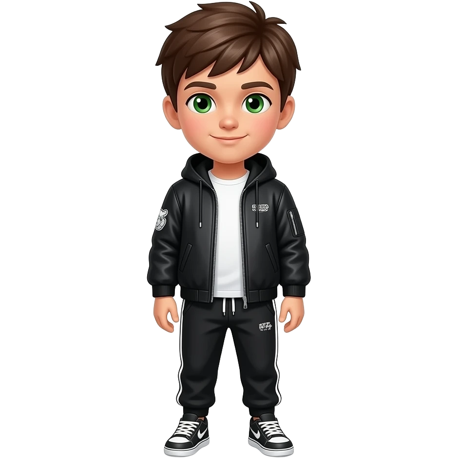 un niño que su pelo és marron i sus ojos verdes. Que vaya con una chaqueta kenzo de color negro i que vaya con pantalones de chandal. I que se veaa todo el cuerpo. emoji