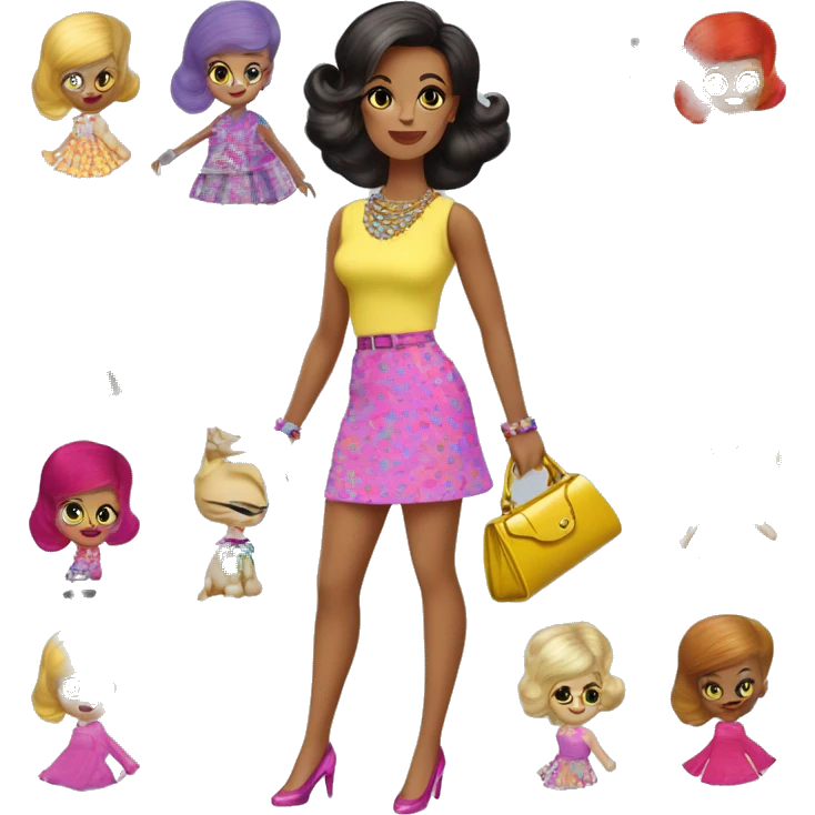 Nighty Brights Francie. Enid Sinclair. Mini-skirt, pumps, bracelet, earrings, purse , tights,go-go boots, Going out with Slippers the kitten.  emoji