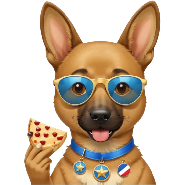 malinois dog head with star sunglasses holding a slice of Parisian flan in its mouth, the flan slice has a blue medal with a white center around it emoji