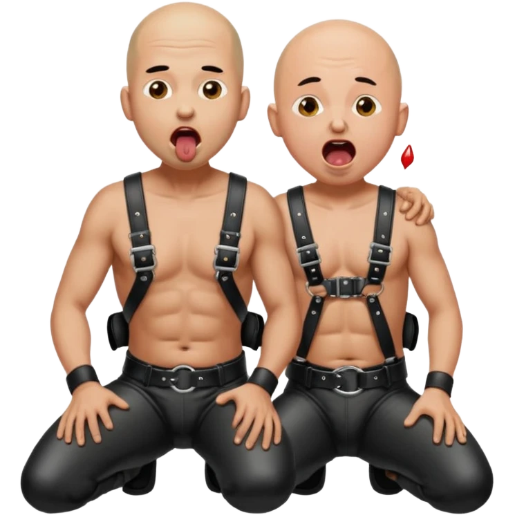 a bald man on his knees in a black leather harness with his mouth open and tongue out being pissed on by another person emoji
