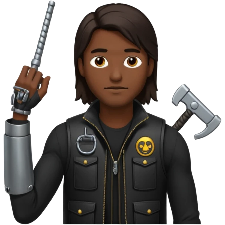 man with long dark brown hair and a black tac vest, a metal arm emoji