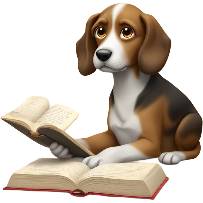 Dog reading a book but woman blocking the words emoji