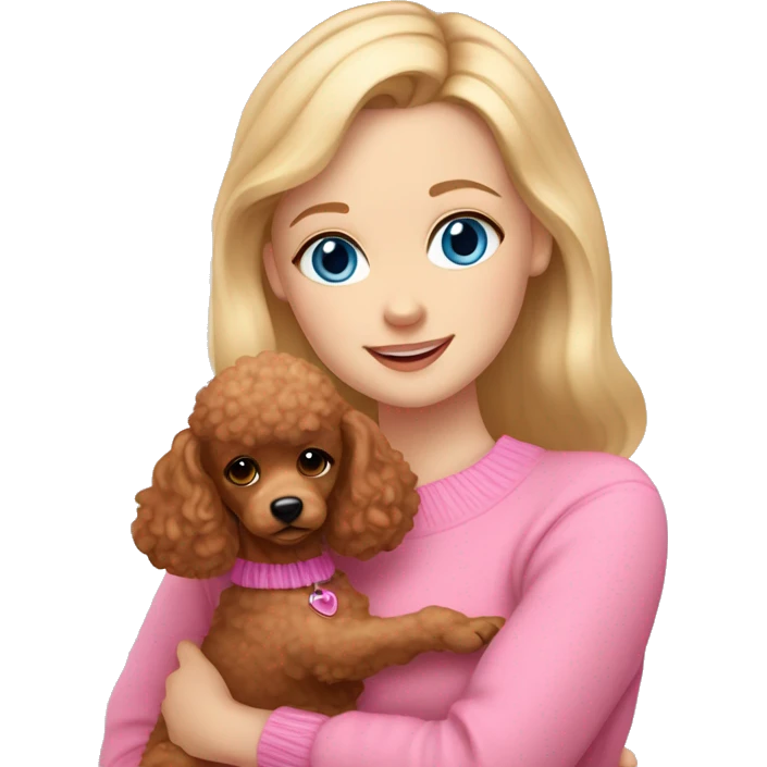 Pretty blue eyed white girl with blonde hair in a pink sweater holding a brown toy poodle with short ears emoji