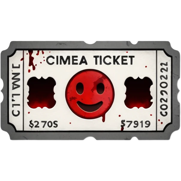 Minimalist emoji-style sticker of an old torn cinema ticket, no text, blood-stained edges and burn holes, grayscale paper

 emoji