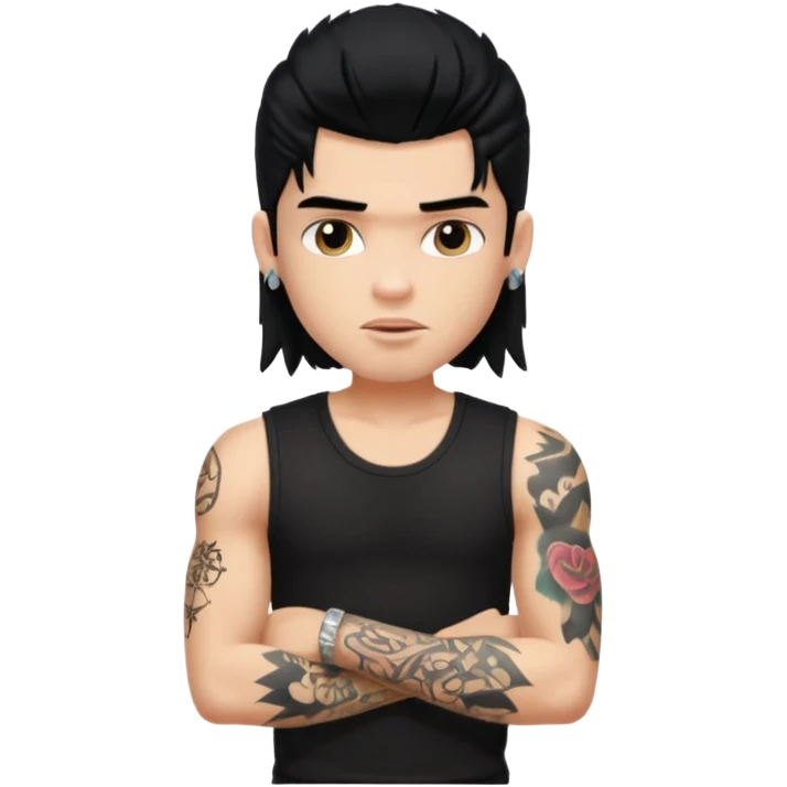 a pretty bratz guy with a black mullet and a sleeveless black top with tattoos on arm emoji