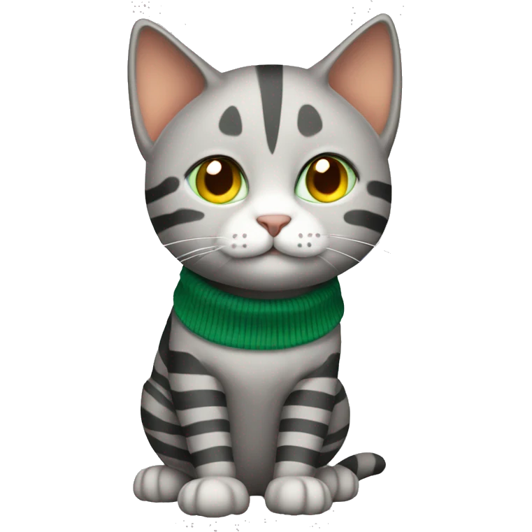 A striped grey cat with green eyes with orange sweater in full growth emoji