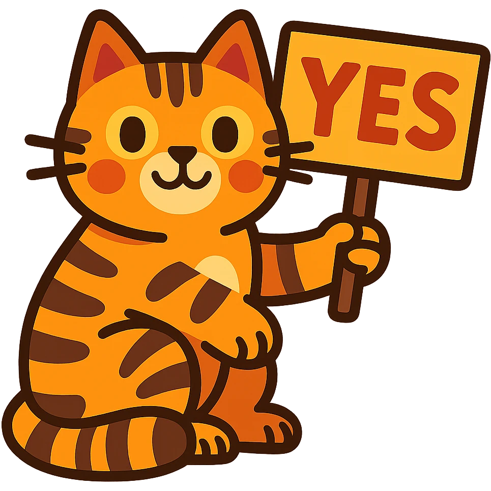 tabby cat holding a sign that says 'yes' emoji