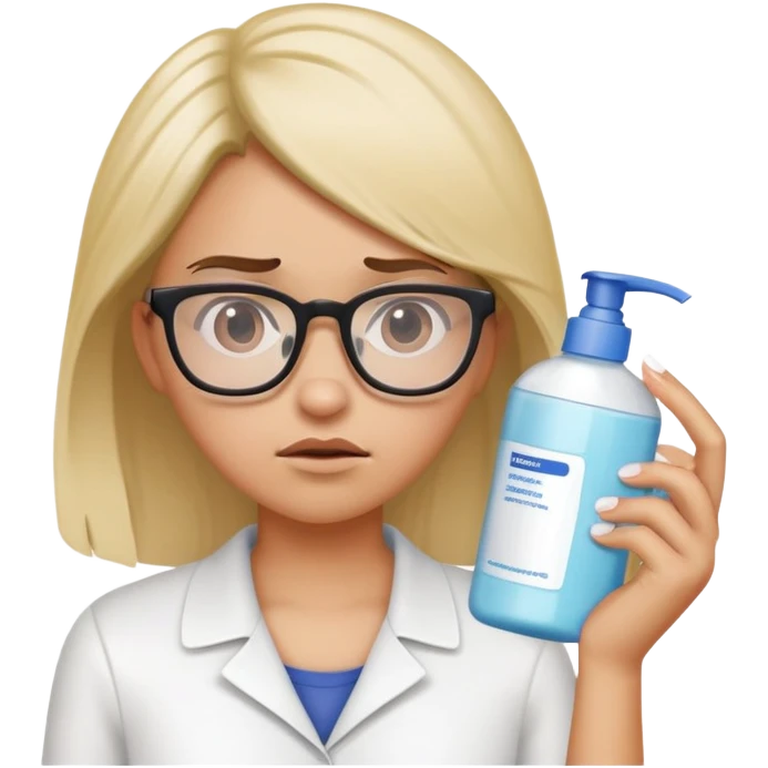Girl with glasses looking disgusted, holding shampoo bottle away from her, not wanting to wash her hair emoji
