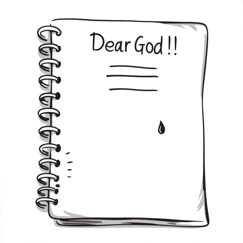 Hand-drawn notebook page with "Dear God" written at the top in a student's handwriting, looking like the start of a desperate essay emoji