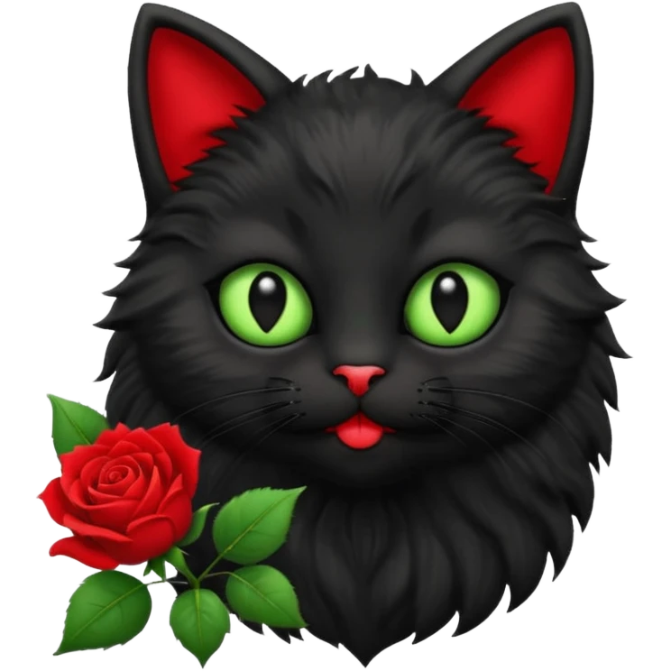 Cute emoji-style black cat holding a red rose in its mouth, big round eyes with light green sclera and black pupils, fluffy fur, clean mascot style, centered, soft beige background, 1:1 ratio. emoji