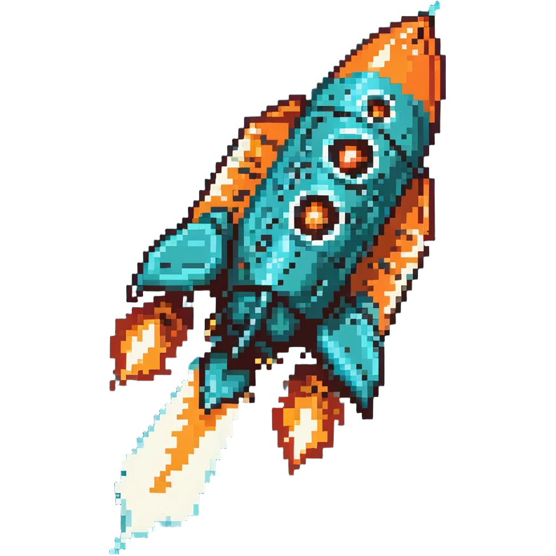 robotic teal spaceship launching to the right with rocket flames emoji