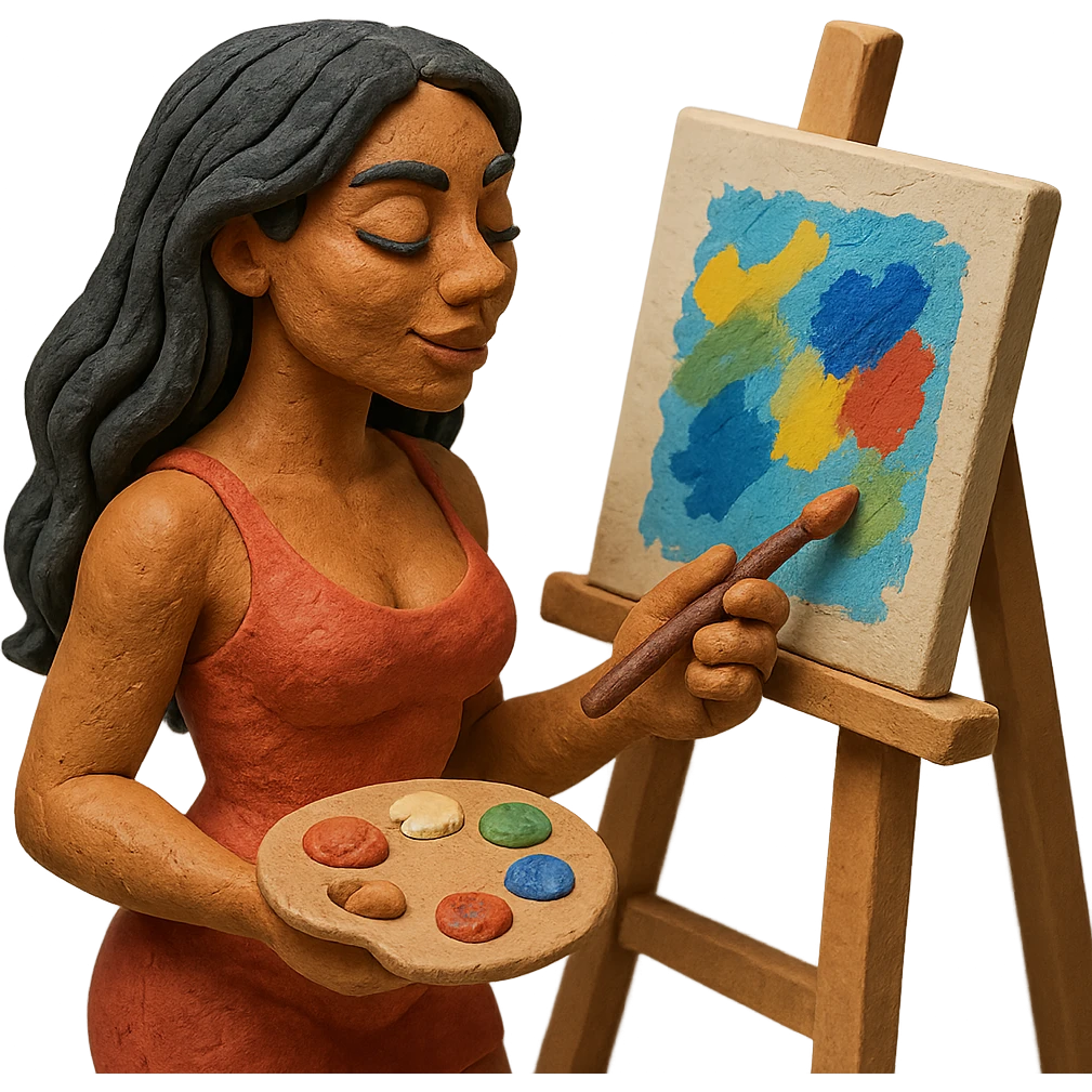 sexy tanned woman artist with long black hair, painting at an easel, holding a paint palette and brush, claymation style emoji