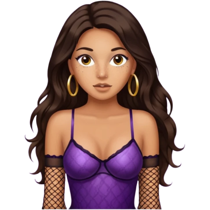 Tan skin with freckles, long dark hair, hazel eyes Dominatrix with sparkly fishnet stockings  emoji