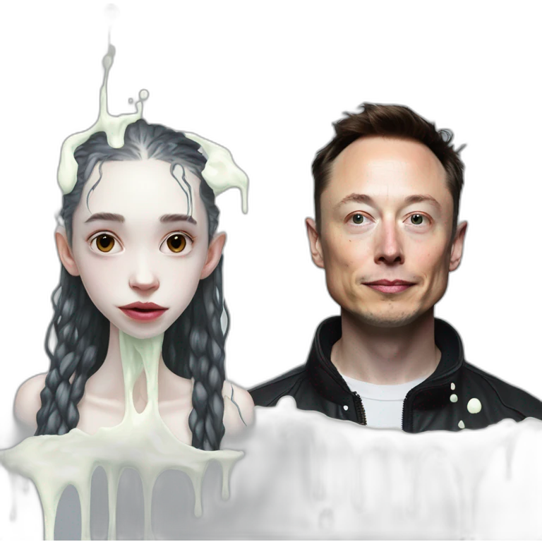 Grimes with white milk slime on face, elon musk smirking, duo emoji