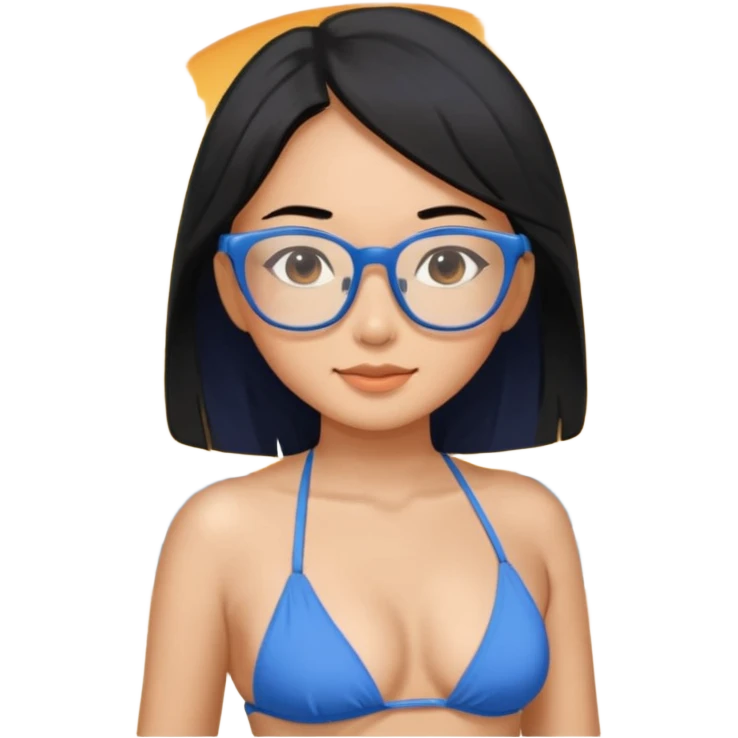 asian woman with black hair with glasses wearing a blue bikini at the beach emoji