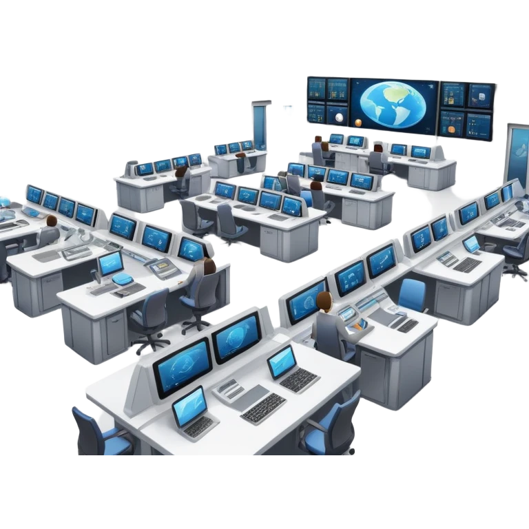 space mission control room with multiple screens and operators at desks emoji