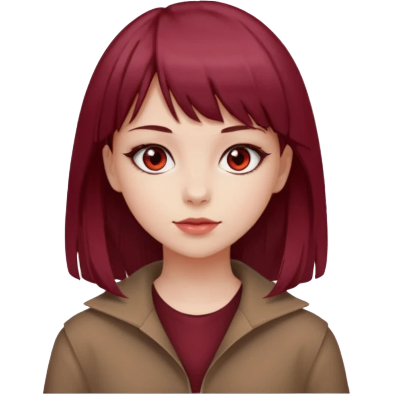 beautiful girl with maroon medium hair, straight bangs and red bando, red eyes and brown clothes emoji