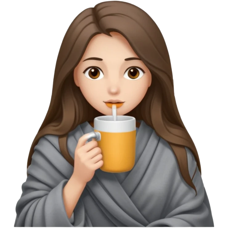 Brown-eyed, fair-skinned girl with long hair down to her shoulders, wrapped in a gray blanket, drinking from a New Year's mug emoji