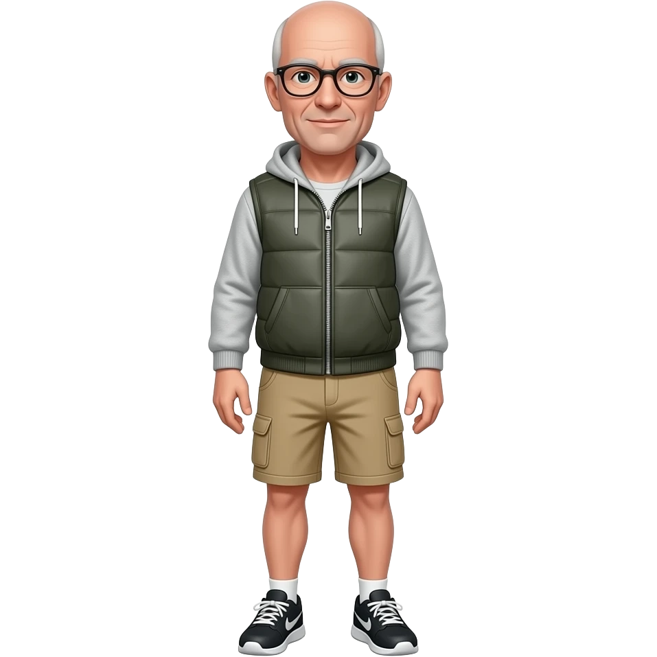 older hairless bald white man with thin framed glasses, a zippered sweatervest, beige cargo shorts and black running shoes emoji